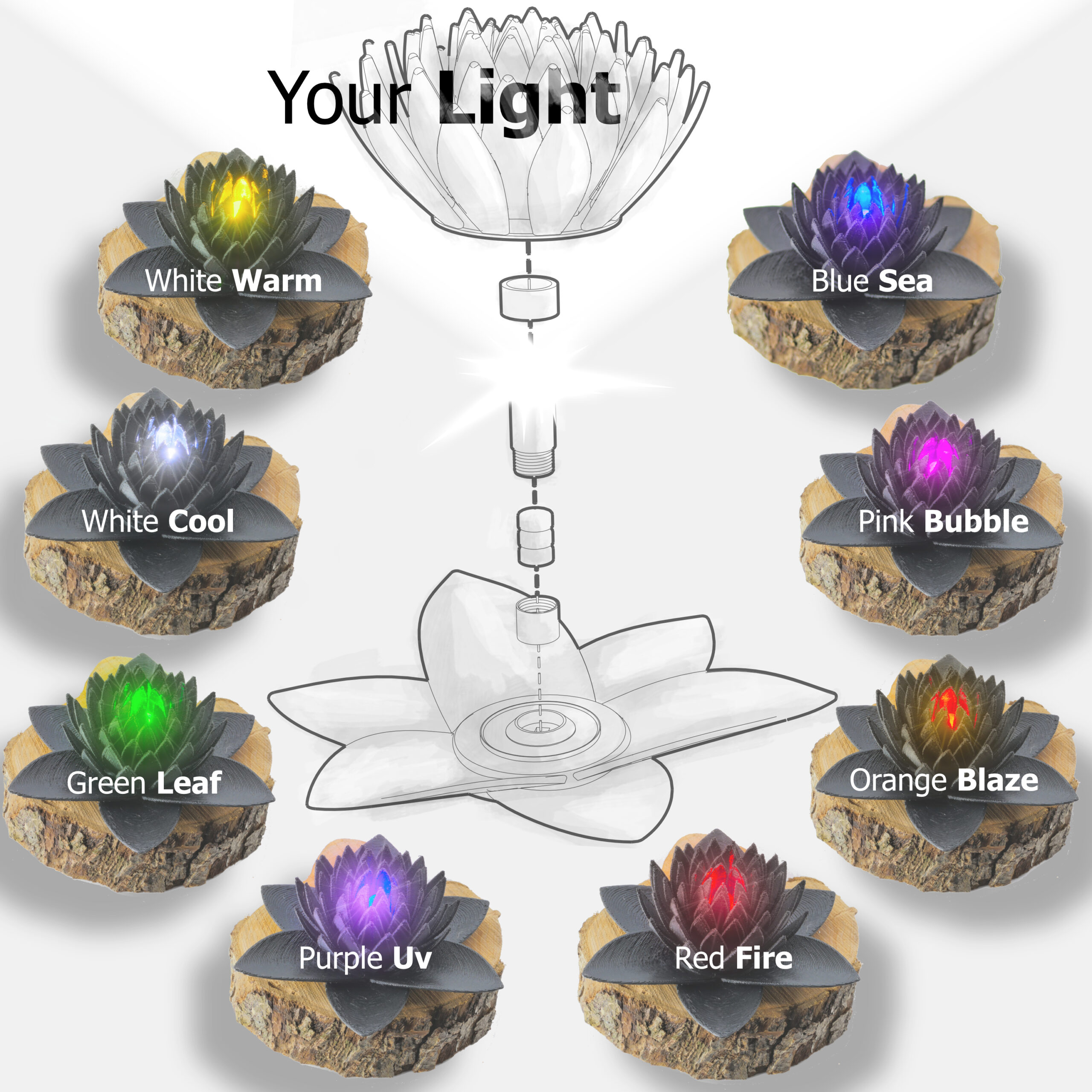 imagen de 8 luces de loto ónice con leds de colores de izquierda a derecha, blanco cálido, blanco frio, verde hoja, morado UV, rojo fuego, naranja llamarada, rosa burbuja y azul mar